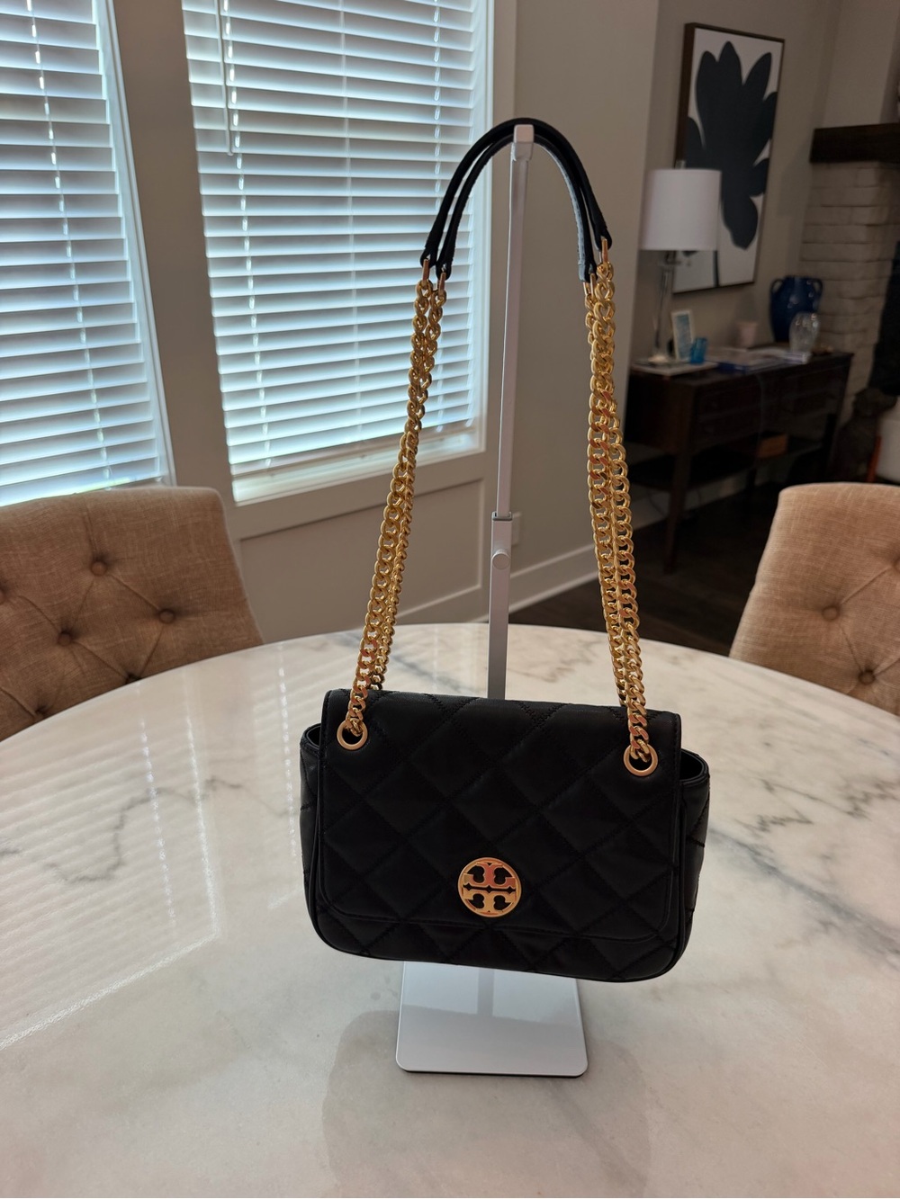 Tory Burch Black Quilted Convertible Shoulder Bag with Gold Chain Strap